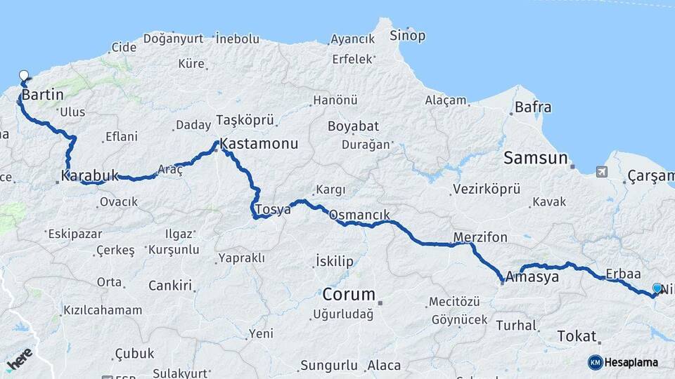 Tokat Niksar Amasra Bartın Arası Kaç Km - Yol Haritası