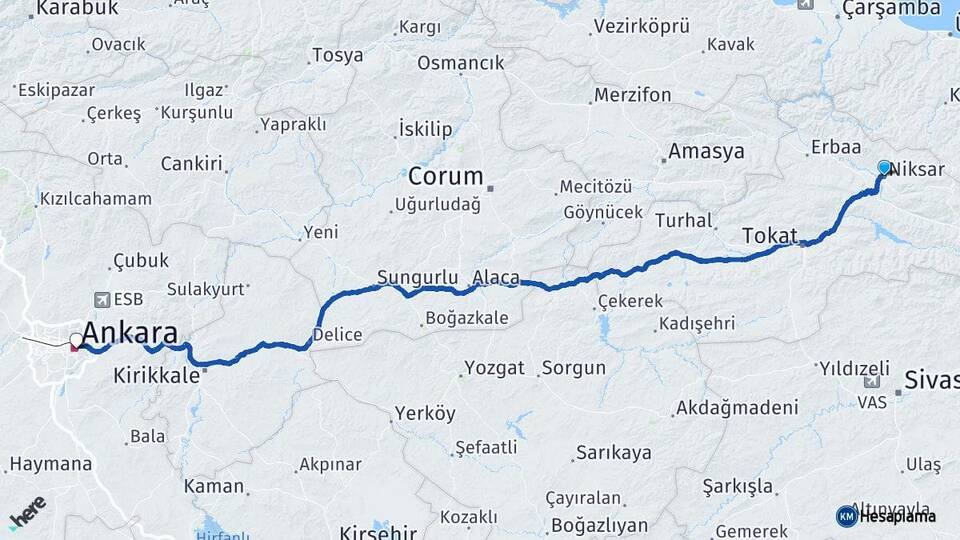 Tokat Niksar Ankara Arası Kaç Km - Yol Haritası