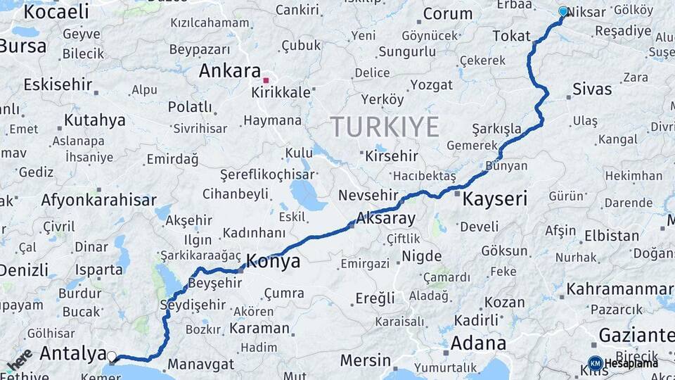 Tokat Niksar Antalya Arası Kaç Km - Yol Haritası