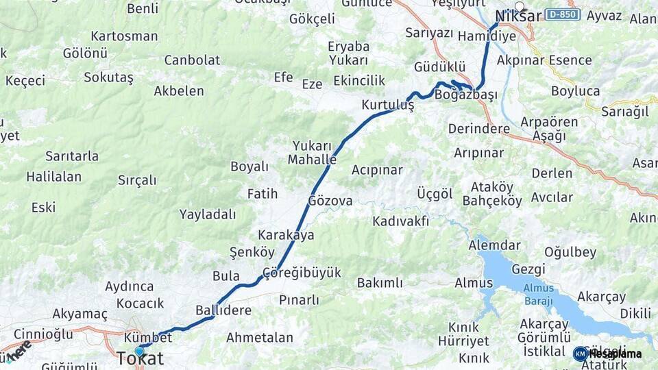 Tokat Niksar Arası Kaç Km - Yol Haritası