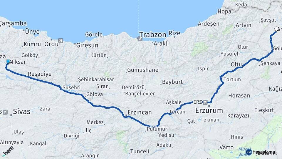 Tokat Niksar Ardahan Arası Kaç Km - Yol Haritası