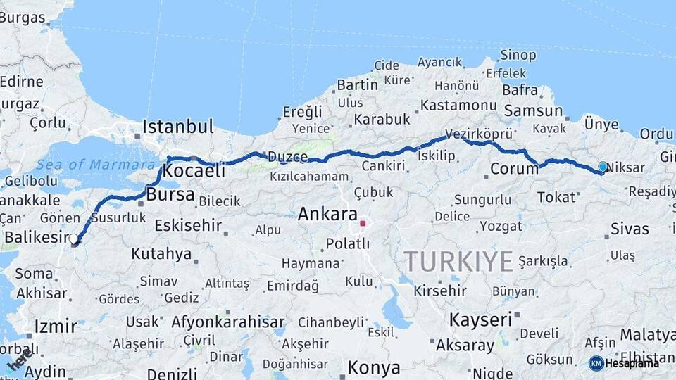 Tokat Niksar Balıkesir Arası Kaç Km - Yol Haritası