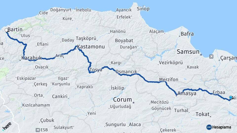 Tokat Niksar Bartın Arası Kaç Km - Yol Haritası