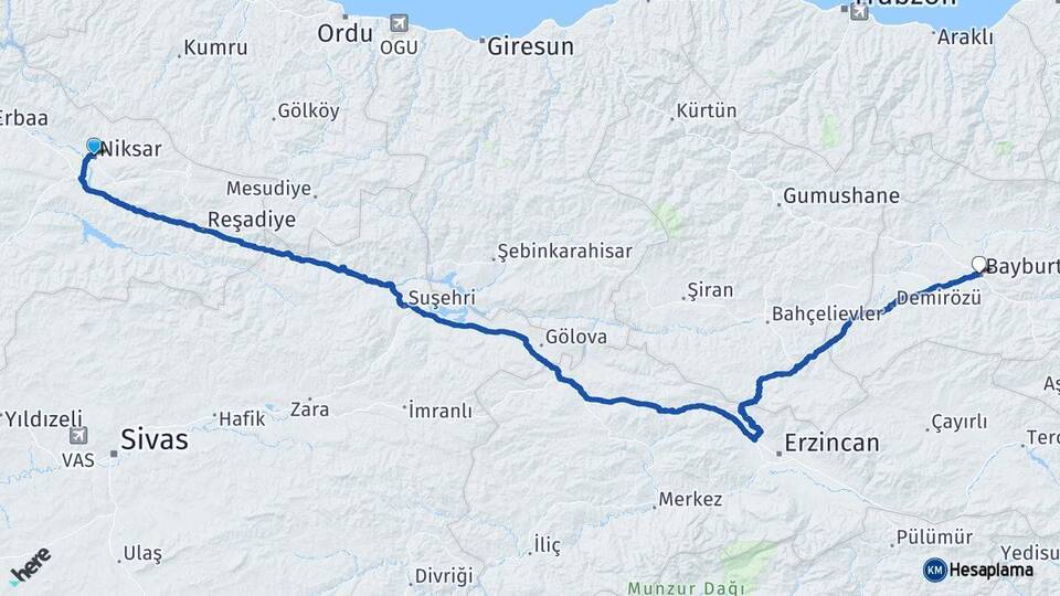 Tokat Niksar Bayburt Arası Kaç Km - Yol Haritası