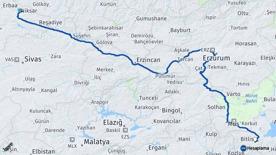 Tokat Niksar Bitlis Arası Kaç Km - Yol Haritası