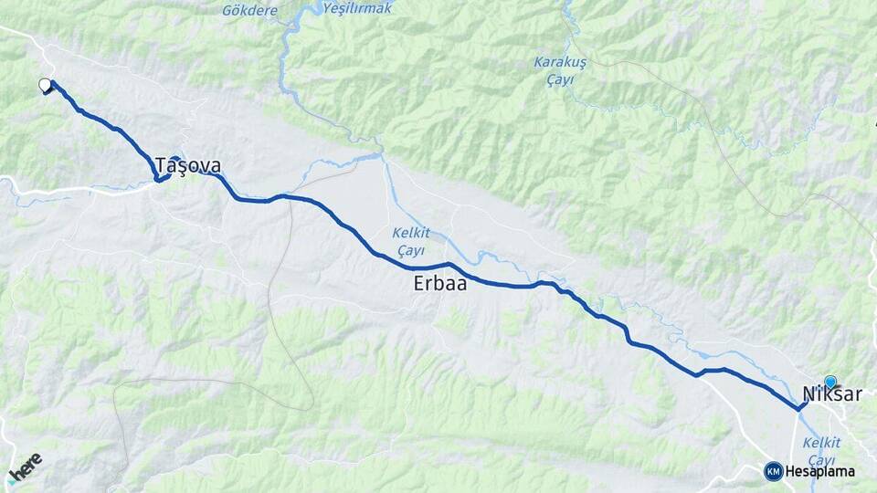 Tokat Niksar Boraboy Taşova Amasya Arası Kaç Km - Yol Haritası