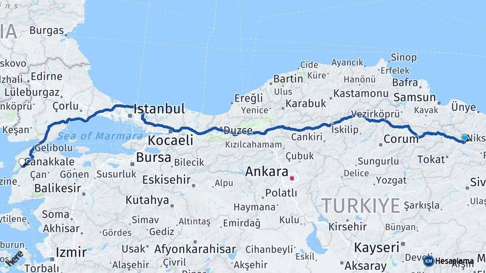 Tokat Niksar Çanakkale Arası Kaç Km - Yol Haritası