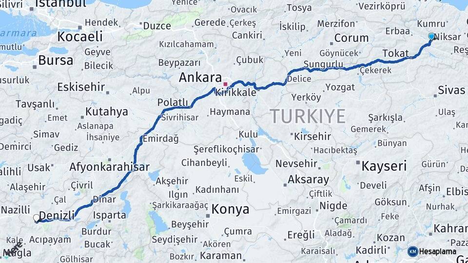 Tokat Niksar Denizli Arası Kaç Km - Yol Haritası