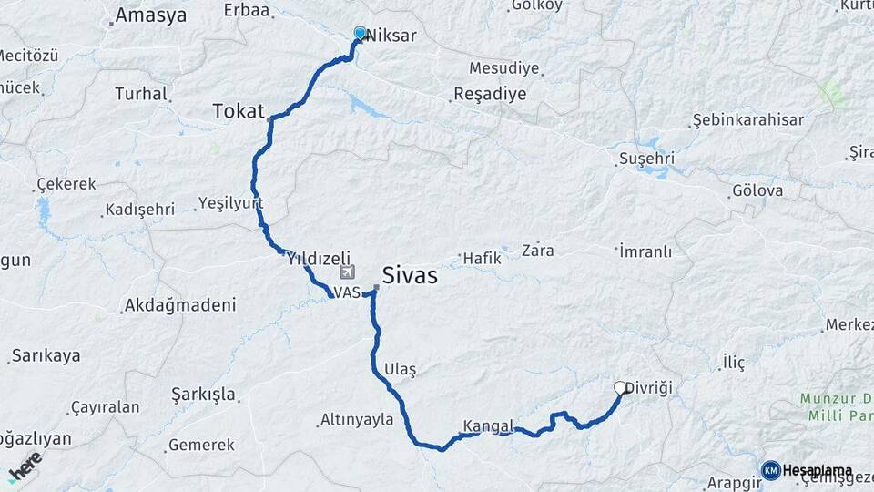 Tokat Niksar Divriği Sivas Arası Kaç Km - Yol Haritası