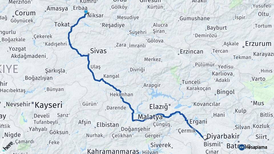 Tokat Niksar Diyarbakır Arası Kaç Km - Yol Haritası