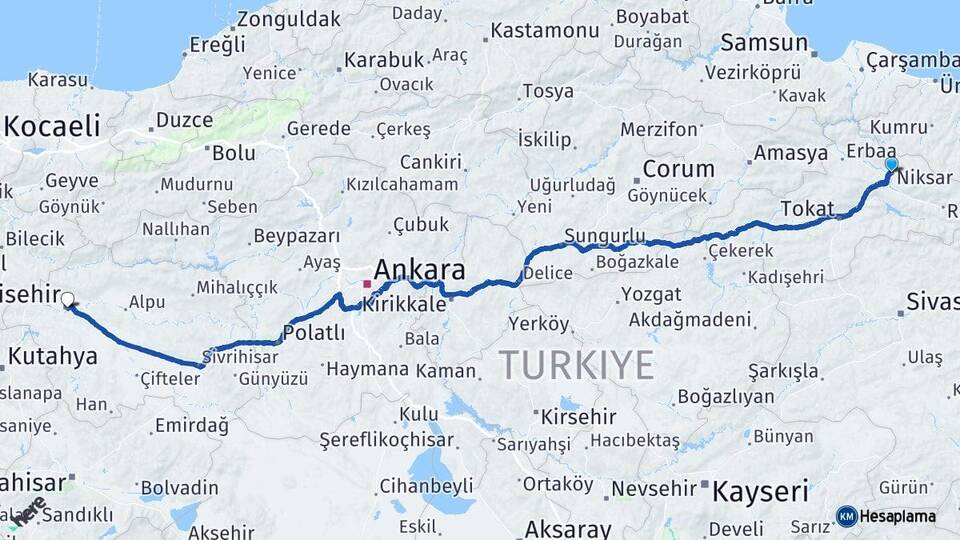 Tokat Niksar Eskişehir Arası Kaç Km - Yol Haritası