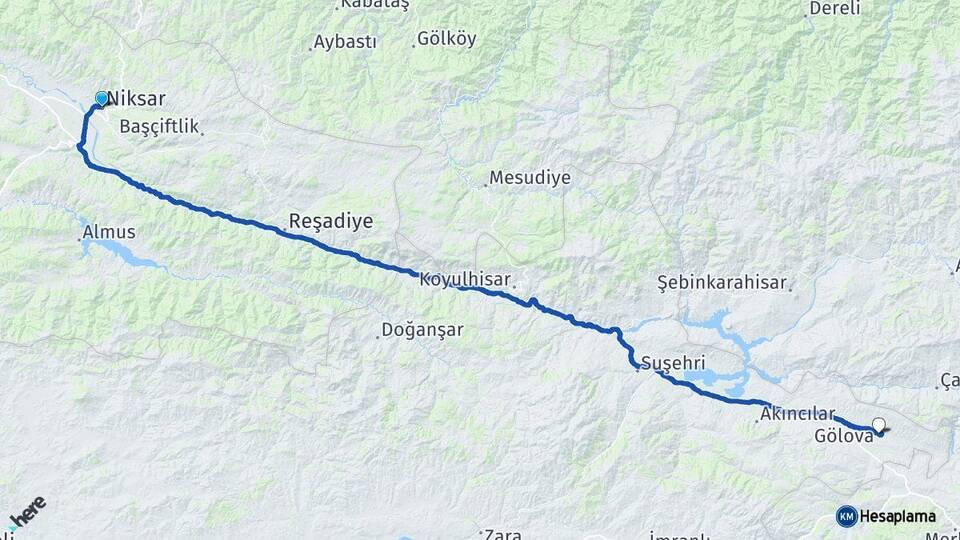 Tokat Niksar Gölova Sivas Arası Kaç Km - Yol Haritası
