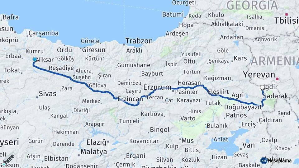 Tokat Niksar Iğdır Arası Kaç Km - Yol Haritası