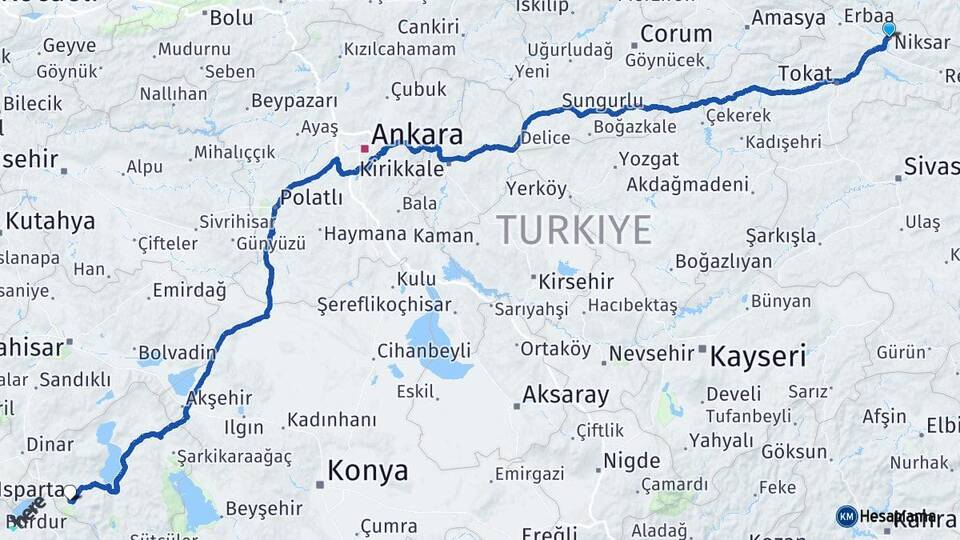 Tokat Niksar Isparta Arası Kaç Km - Yol Haritası