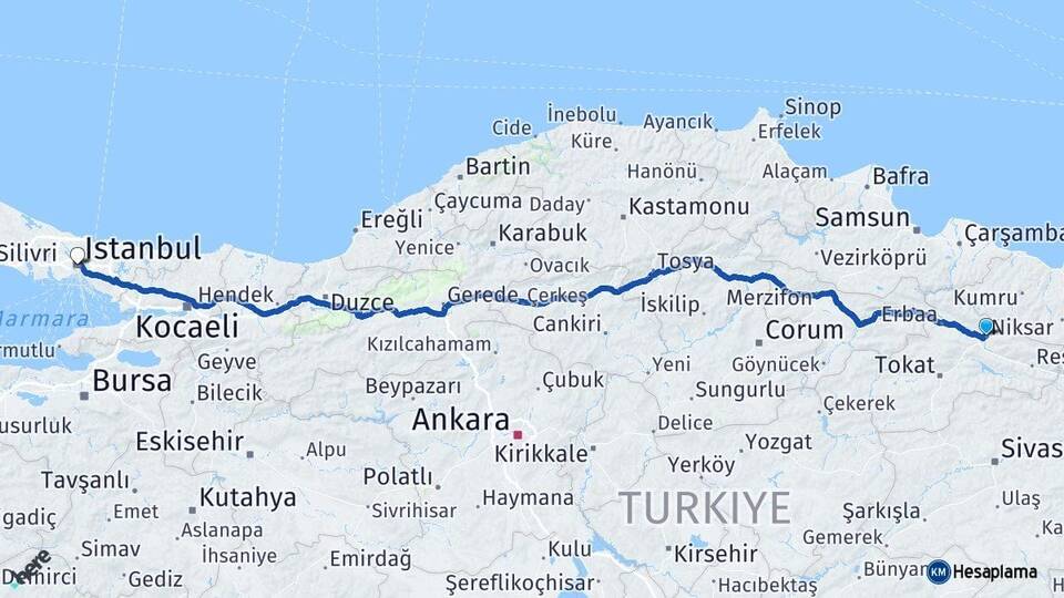 Tokat Niksar İstanbul Arası Kaç Km - Yol Haritası