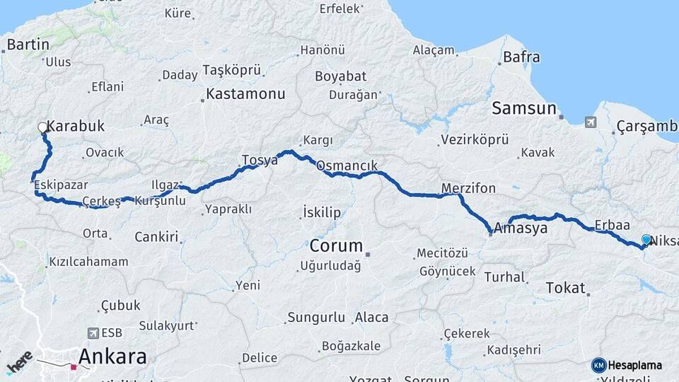 Tokat Niksar Karabük Arası Kaç Km - Yol Haritası