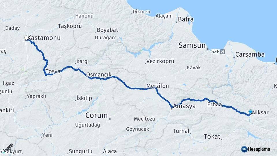 Tokat Niksar Kastamonu Arası Kaç Km - Yol Haritası