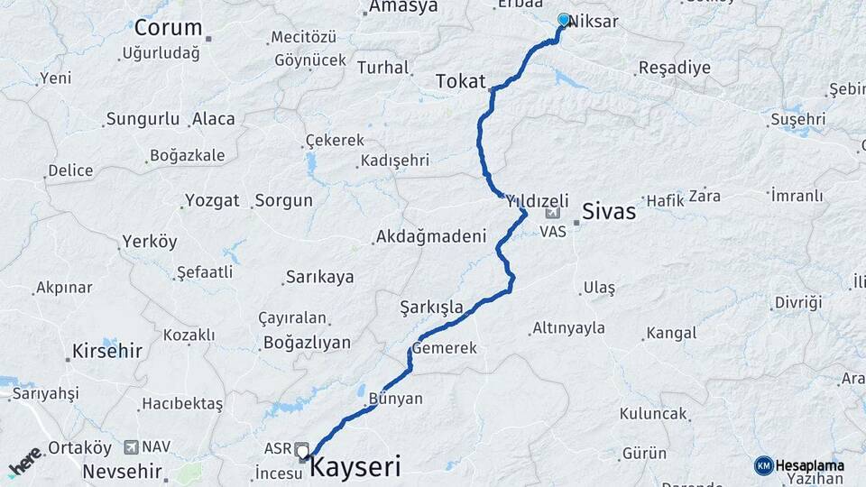 Tokat Niksar Kayseri Arası Kaç Km - Yol Haritası