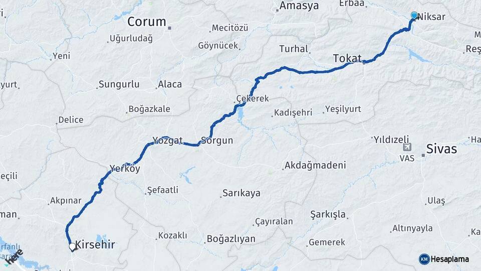 Tokat Niksar Kırşehir Arası Kaç Km - Yol Haritası