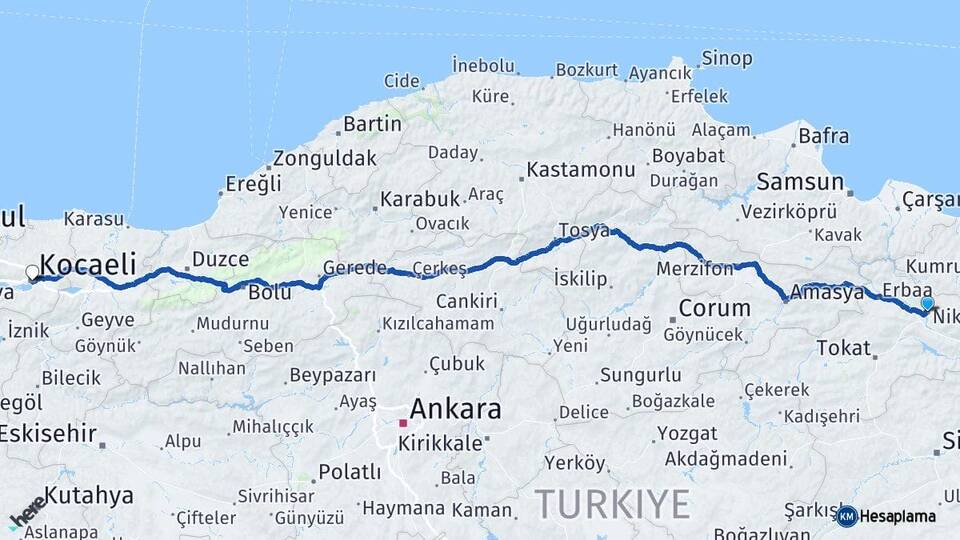 Tokat Niksar Kocaeli Arası Kaç Km - Yol Haritası