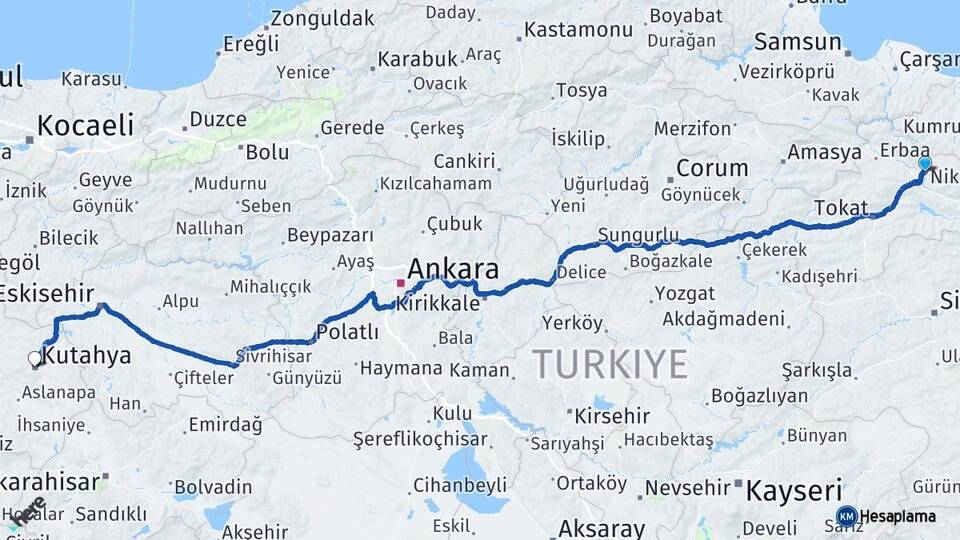 Tokat Niksar Kütahya Arası Kaç Km - Yol Haritası