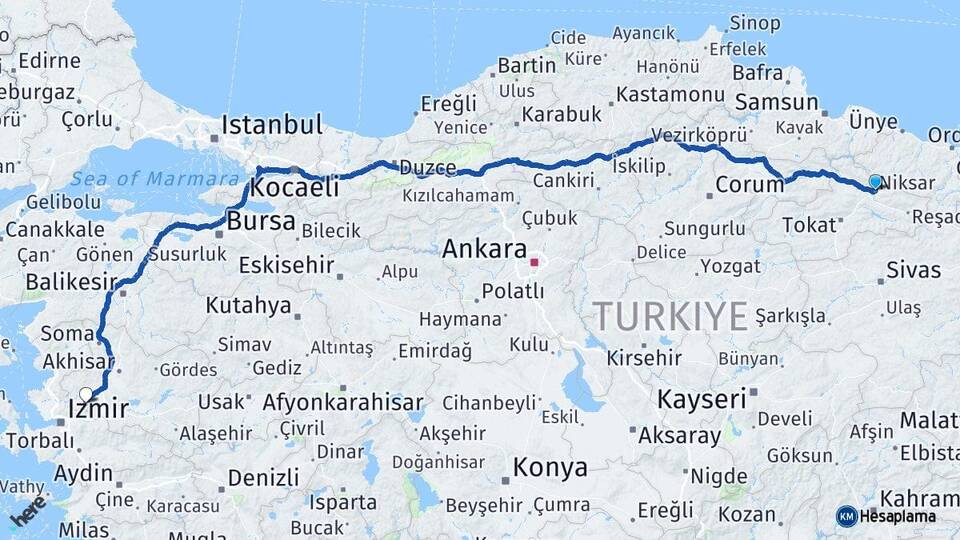 Tokat Niksar Manisa Arası Kaç Km - Yol Haritası