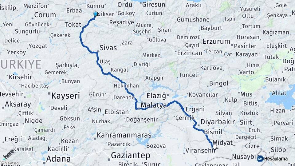 Tokat Niksar Mardin Arası Kaç Km - Yol Haritası