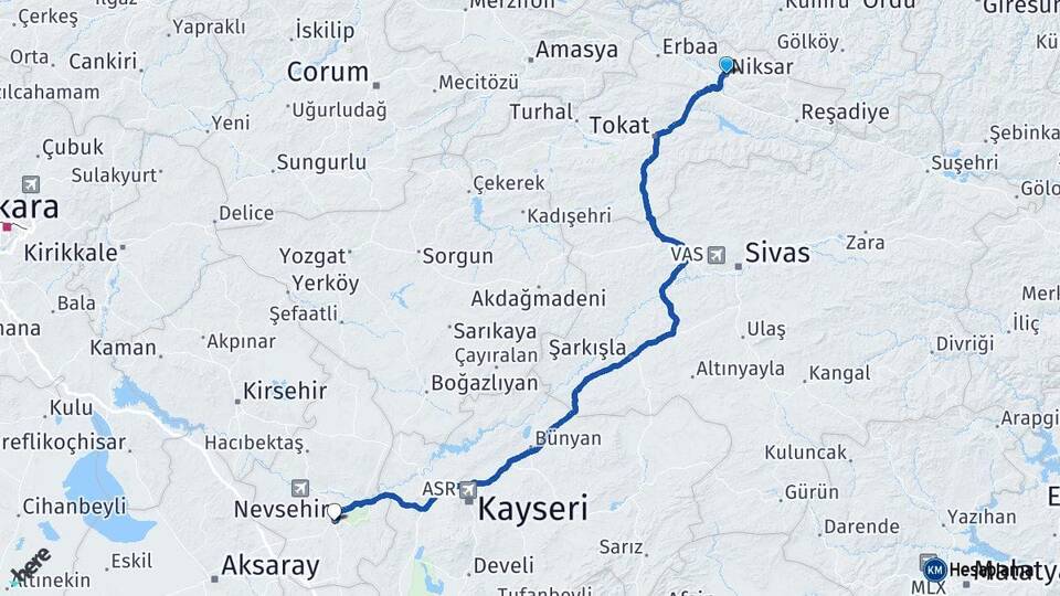 Tokat Niksar Nevşehir Arası Kaç Km - Yol Haritası