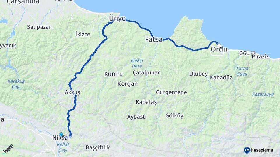 Tokat Niksar Ordu Arası Kaç Km - Yol Haritası
