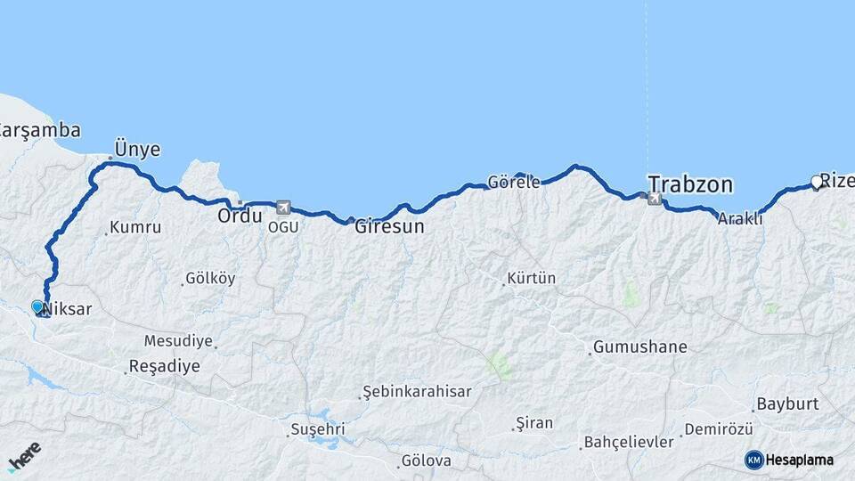 Tokat Niksar Rize Arası Kaç Km - Yol Haritası