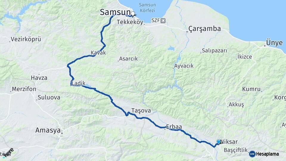 Tokat Niksar Samsun Arası Kaç Km - Yol Haritası