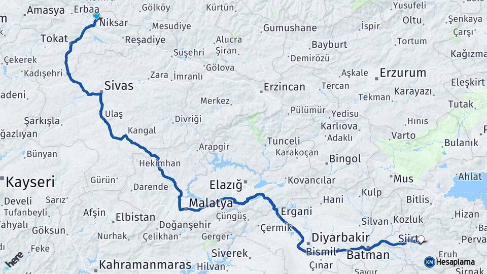 Tokat Niksar Siirt Arası Kaç Km - Yol Haritası