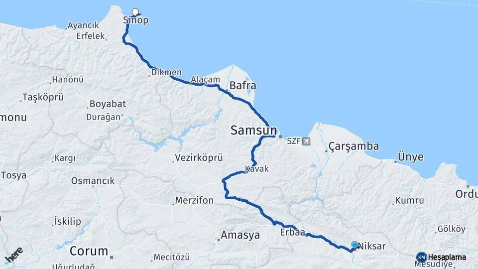 Tokat Niksar Sinop Arası Kaç Km - Yol Haritası