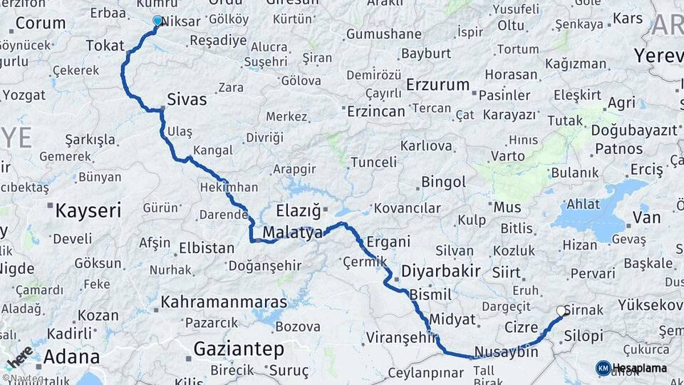 Tokat Niksar Şırnak Arası Kaç Km - Yol Haritası