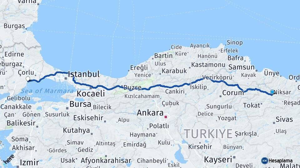 Tokat Niksar Tekirdağ Arası Kaç Km - Yol Haritası