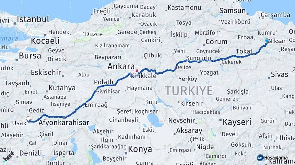 Tokat Niksar Uşak Arası Kaç Km - Yol Haritası