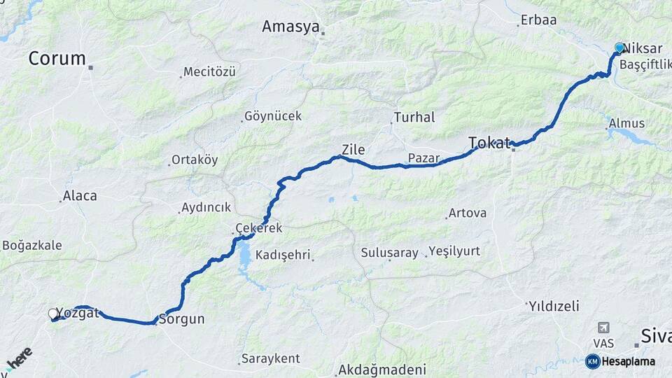 Tokat Niksar Yozgat Arası Kaç Km - Yol Haritası