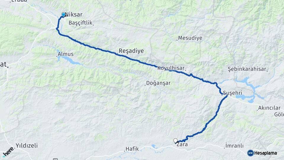 Tokat Niksar Zara Sivas Arası Kaç Km - Yol Haritası