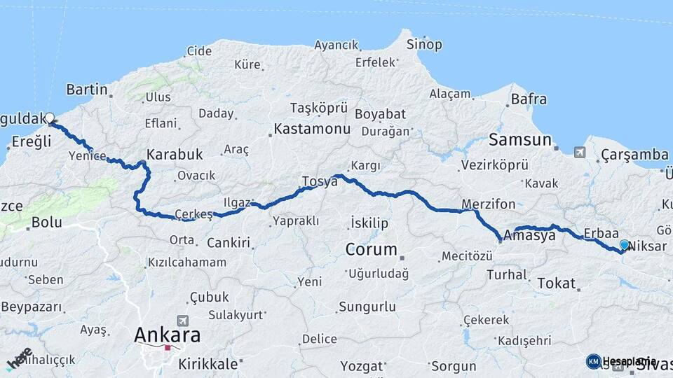 Tokat Niksar Zonguldak Arası Kaç Km - Yol Haritası