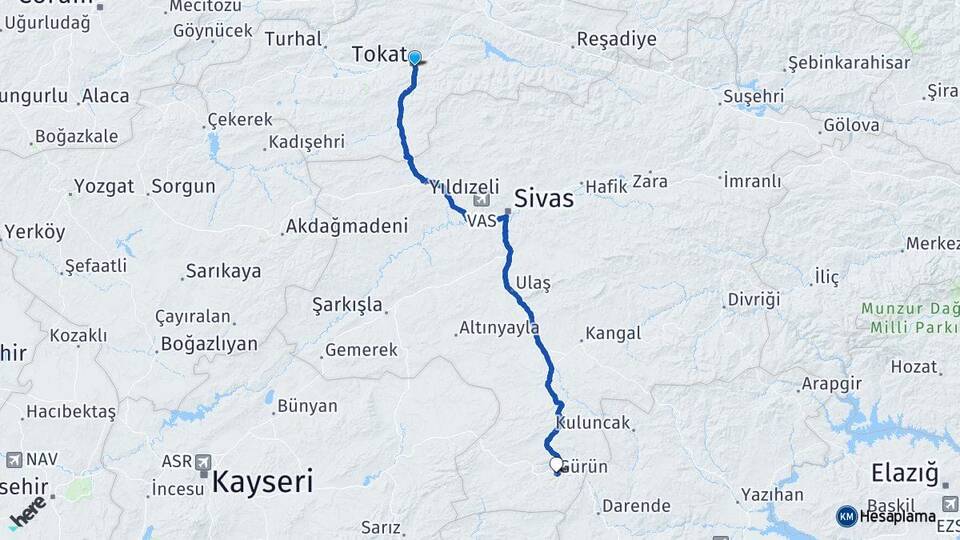 Tokat Nuri Demirağ Havalimanı Arası Kaç Km - Yol Haritası