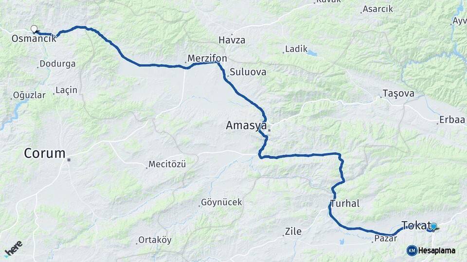 Tokat Osmancık Çorum Arası Kaç Km - Yol Haritası