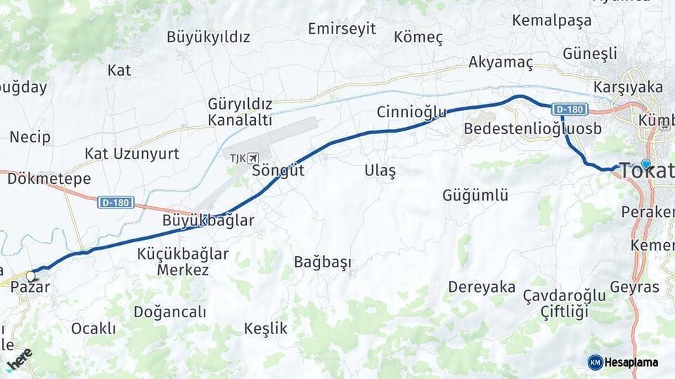 Tokat Pazar Arası Kaç Km - Yol Haritası