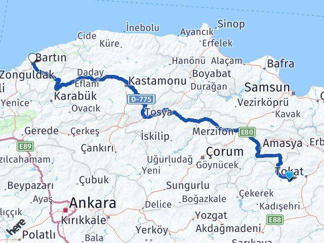 Tokat Pazar Bartın Arası Kaç Km - Yol Haritası