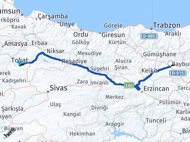 Tokat Pazar Bayburt Arası Kaç Km - Yol Haritası
