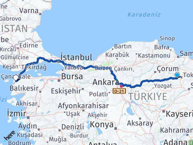 Tokat Pazar Çanakkale Arası Kaç Km - Yol Haritası