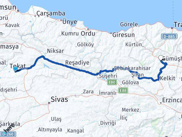 Tokat Pazar Gümüşhane Arası Kaç Km - Yol Haritası