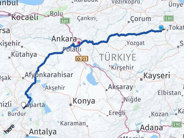 Tokat Pazar Isparta Arası Kaç Km - Yol Haritası