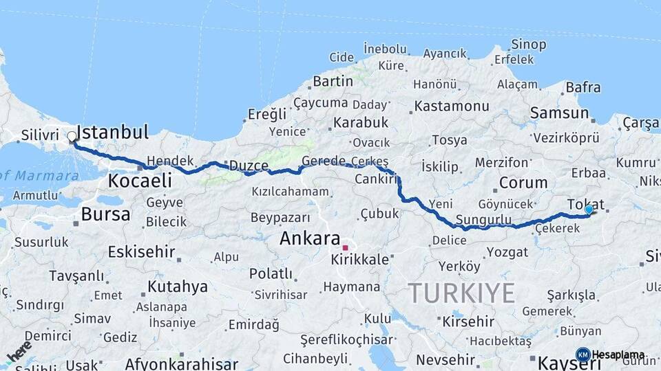 Tokat Pazar İstanbul Arası Kaç Km - Yol Haritası