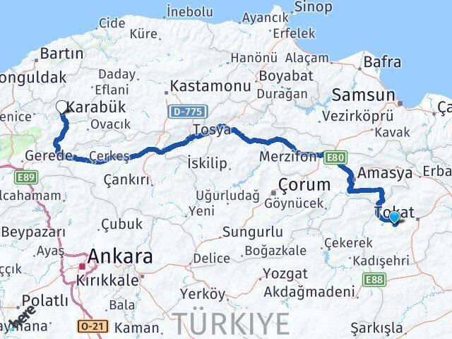 Tokat Pazar Karabük Arası Kaç Km - Yol Haritası