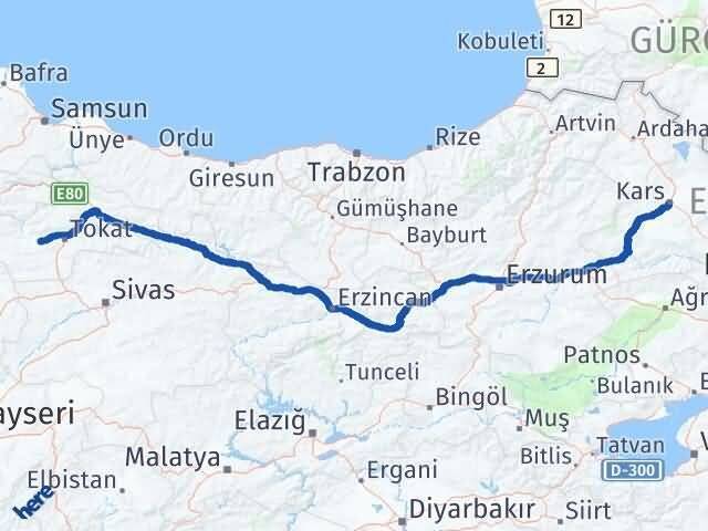 Tokat Pazar Kars Arası Kaç Km - Yol Haritası